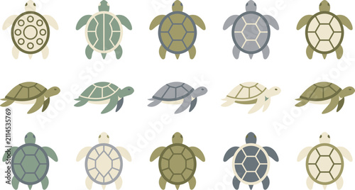 Set of flat vector icons depicting various sea turtles in different positions for marine life design projects