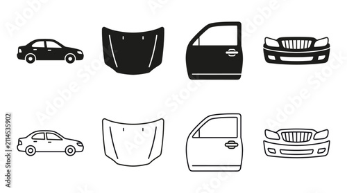 Car Body Parts Icon Set in Black Silhouette and Outline Style