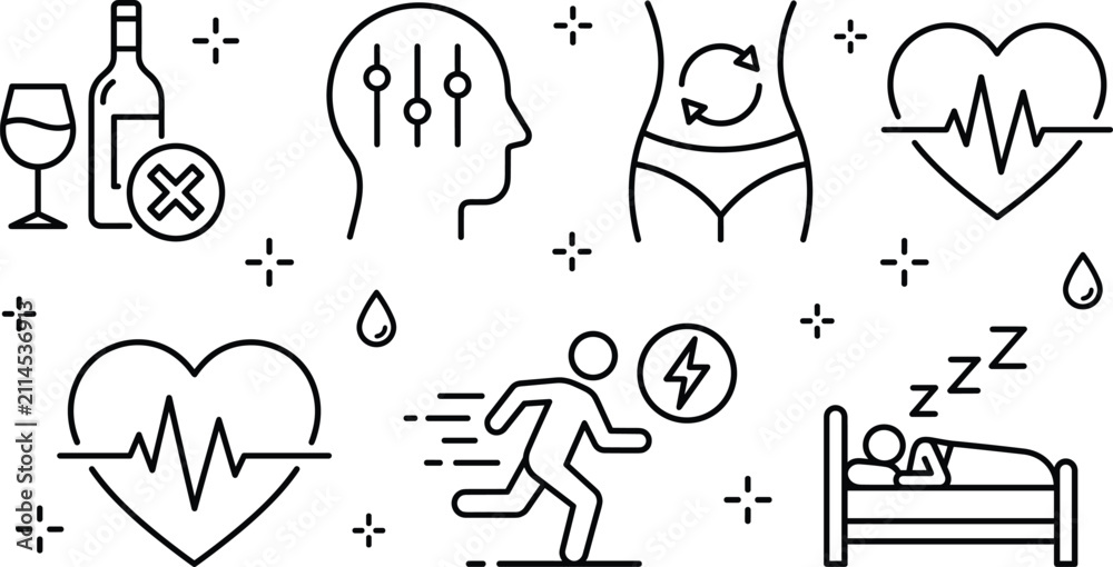 Obraz premium Minimalist line art icon set of healthy lifestyle elements fitness heartbeat metabolism sleep mental control vector illustration collection