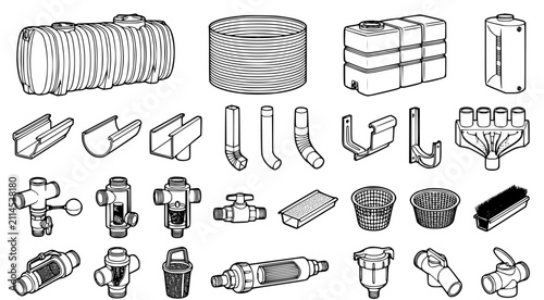 Industrial water storage tank and plumbing infrastructure component technical line art collection