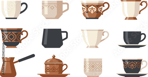 Set of flat vector illustrations featuring various traditional coffee cups, turkish coffee pots, and ceramic mugs.