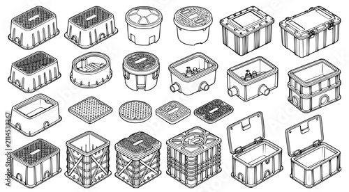 Foto Technical line art of underground utility access boxes and junction chambers for