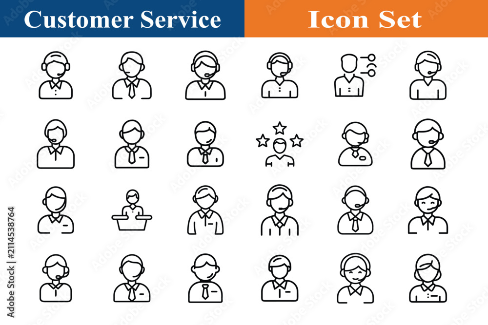 Fototapeta premium Customer service icon set with outline icons featuring call center agent, headset operator, helpdesk support, client care vector