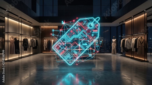 Digital retail technology concept with glowing price tag hologram in modern store
