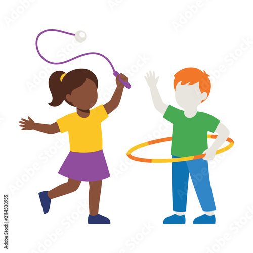 Children playing with jump rope and hula hoop outdoors happily together