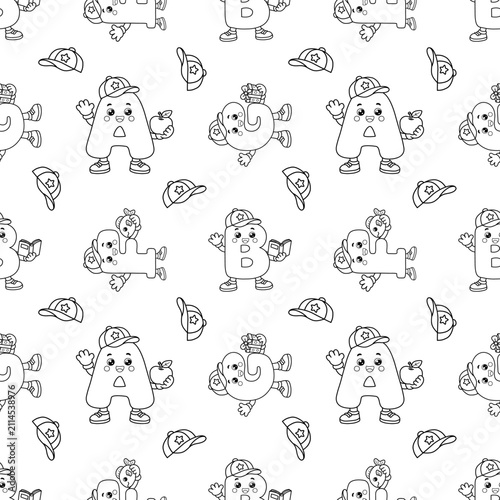 Cute Kawaii Alphabet Seamless Pattern with School Caps, Black and White Coloring Page Background. Cute black and white seamless pattern featuring kawaii alphabet letters with smiling faces, sneakers.