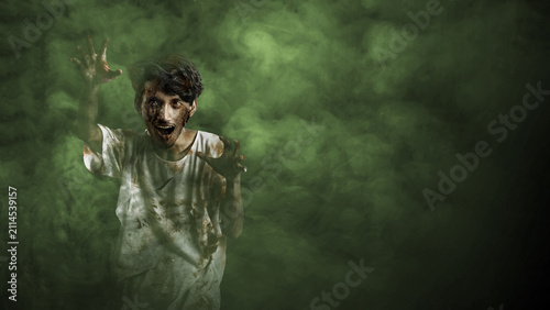 Fotografía A terrifying zombie man in a distressed white shirt emerges from thick, eerie green fog, reaching out with clawed hands towards the camera in a dark, atmospheric horror scene