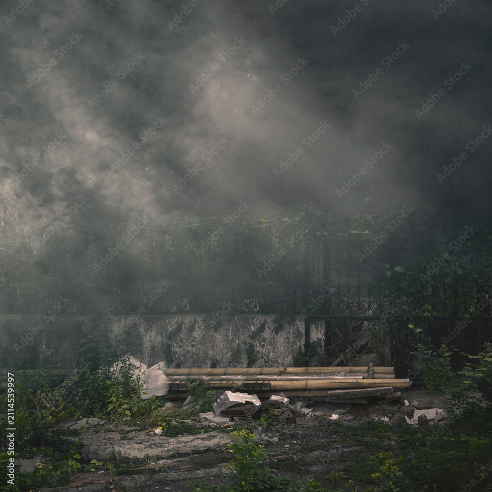 Obraz premium A gloomy, desolate landscape featuring heavy smoke rising over a concrete wall, overgrown vegetation, and abandoned debris under a dark sky. Halloween and horror background