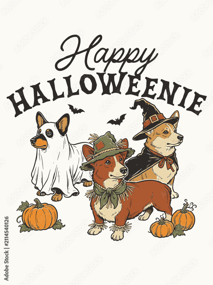 Fototapeta premium Vintage retro Corgi dogs in Halloween costumes with pumpkins, graphic illustration with Happy Halloweenie text for t-shirt design and holiday cards.