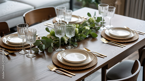 Elegant dining table setting with plates glasses and fresh green leaves decoration for a wedding party or luxury home dinner event indoors at a bright modern house with wooden table