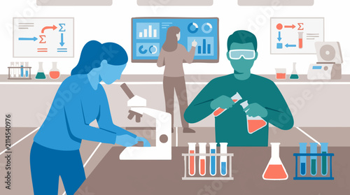 Foto Scientists in a modern laboratory conducting experiments and analyzing data