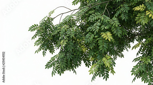 Lush green pinnate leaves on tree branches against white background