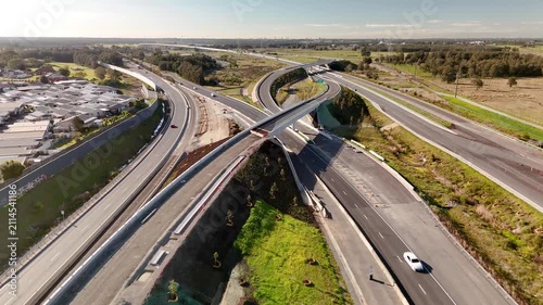 Low aerial drone view of Tarro Interchange on the M1 Pacific Motorway Extension project at Tarro, Newcastle, NSW Australia on 26 July 2026