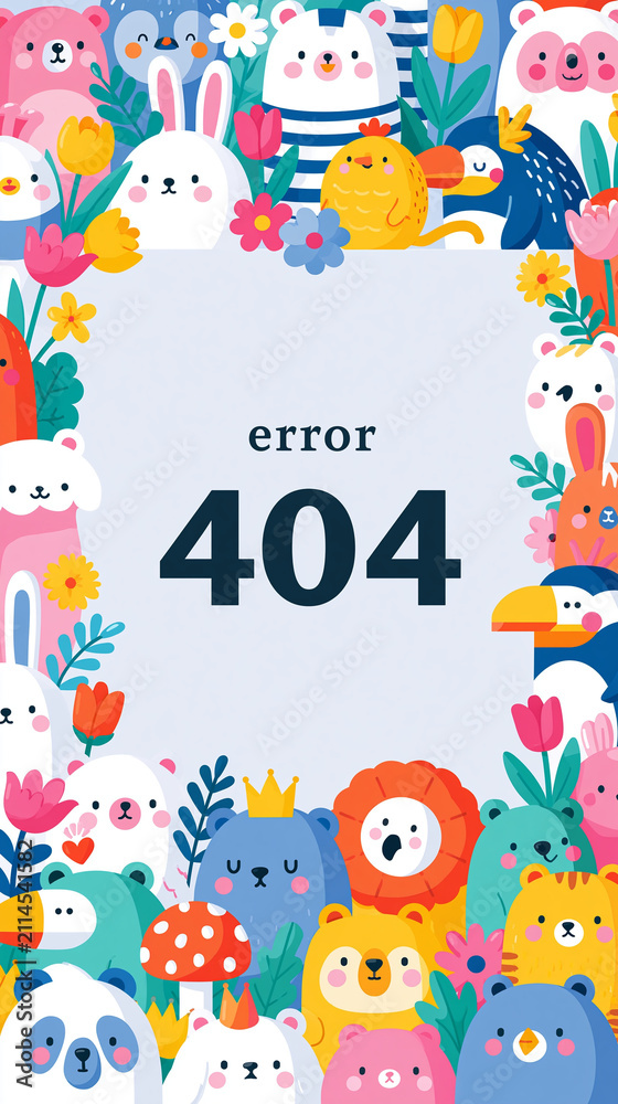 Naklejka premium Colorful illustration featuring various adorable animals with a playful error message.