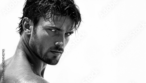 Black and white portrait of a handsome man with wet hair and a beard, looking intensely at the camera against a bright background, evoking a sense of strength and raw masculinity.