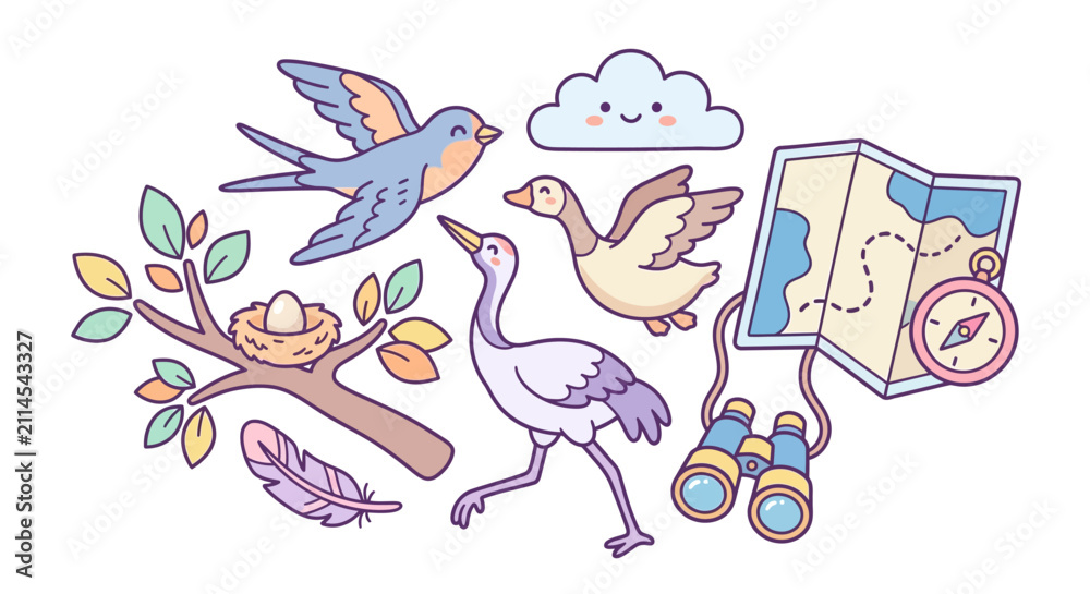 Fototapeta premium Birding adventure illustration with wildlife and maps.