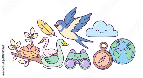 Birdwatching adventure kawaii icon cluster with swallow and binoculars.