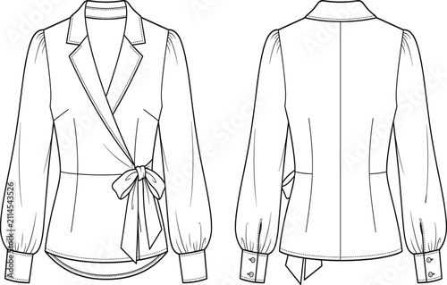 Women wrap blouse flat sketch technical drawing with lapel collar and long sleeves