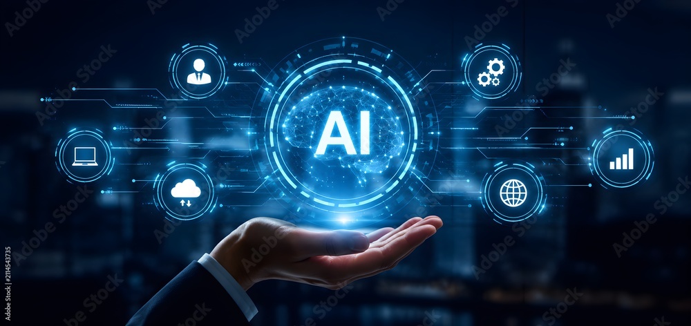 Fototapeta premium AI Technology Sphere – Futuristic innovation, digital intelligence, cloud computing, data systems, network, gears, analytics, human connection, cityscape, modern technology