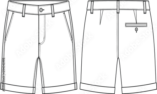 Принти на полотні Men casual shorts flat sketch technical drawing with cuffed hems and waistband p