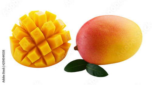Obraz na plátně Whole mango fruit and half mango cut into cubes with leaves