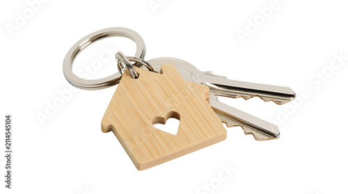 Wooden house shape keychain with heart cutout and metal keys