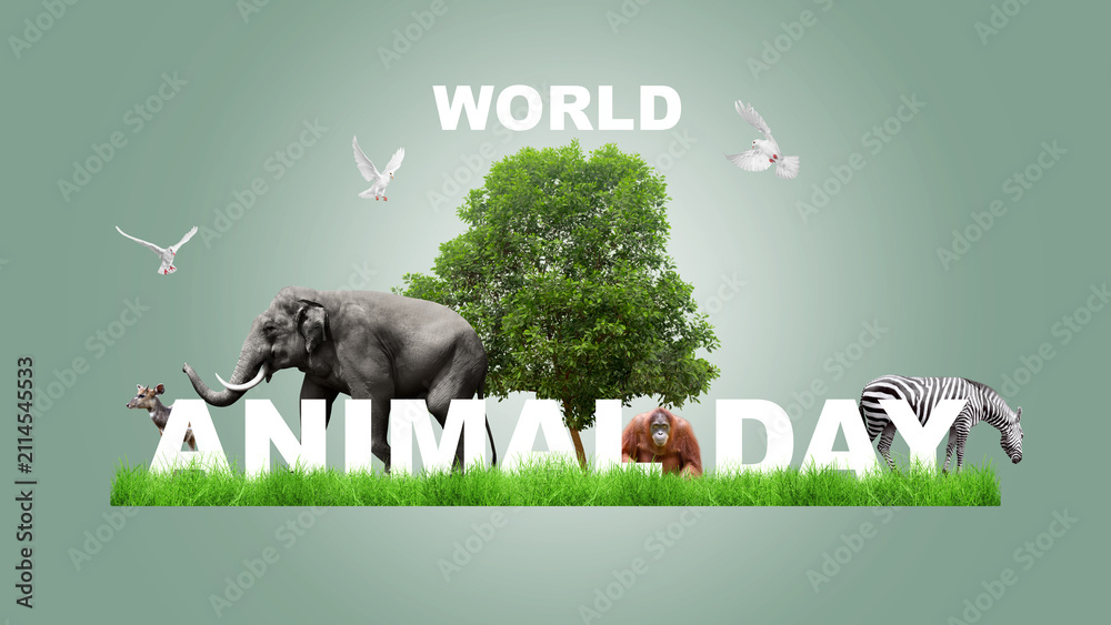 Obraz premium Banner celebrating World Animal Day featuring wildlife like an elephant, zebra, orangutan, and birds around a central tree. Concept of World Animal Day