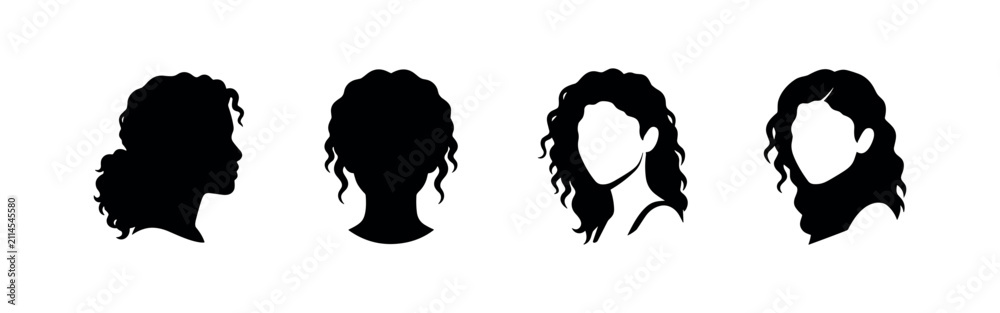 Fototapeta premium Abstract Black Silhouettes of Women's Heads with Curly Hair, Diverse Avatars
