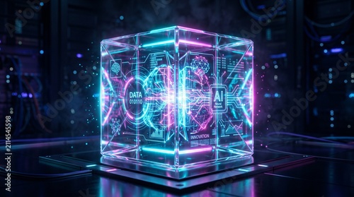 A futuristic glowing transparent glass cube illuminated with vibrant cyan and magenta neon lights against a dark background, representing digital technology, artificial intelligence, data, and modern 