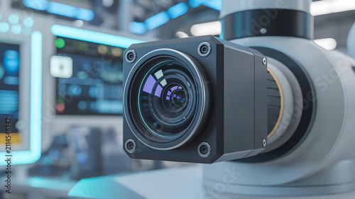 Close up of a robotic arm camera sensor with a glowing digital interface display in a modern high tech automated factory laboratory for precision inspection and industrial quality control