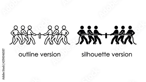 Foto Tug of War Illustration: Two teams of stick figures engage in a tug of war, presented in both outline and silhouette versions, symbolizing competition and conflict