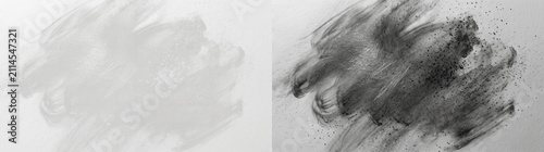 Black and white charcoal texture background with messy brush strokes and powder dust particles, artistic grunge overlay for modern graphic design, dramatic abstract backdrop for posters and print