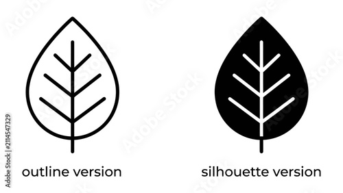 Photography Leaf Icons: A pair of simple leaf icons, one outlined and the other a solid silhouette, presented side-by-side for comparison and versatility in design