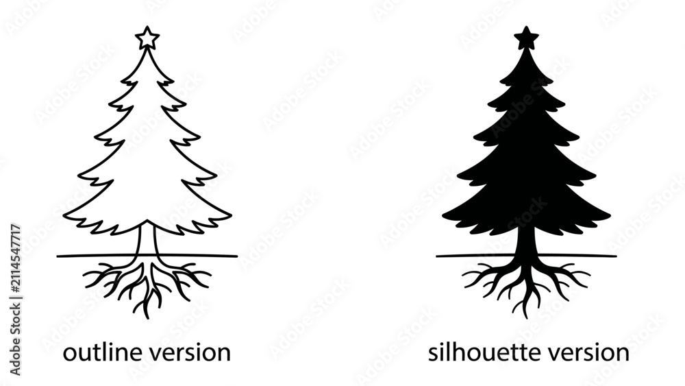 Obraz premium Christmas Tree Outline and Silhouette: A graphic representation comparing the outline and silhouette versions of a Christmas tree with prominent roots, suggesting growth and foundation.