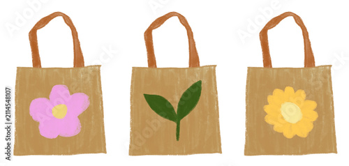 Eco friendly tote bag collection bundle featuring hand drawn canvas bags with floral and leaf motifs in crayon style.
