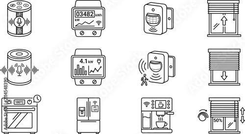 Smart Home Appliance & Automation Icons Set – Voice Assistant, Smart Energy Meter, Motion Sensor, Smart Blinds & Connected Devices Line Vector Collection