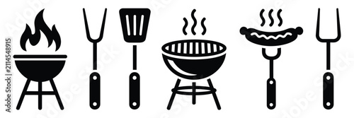 Tableau sur toile BBQ grill icon set, barbecue grill with spatula fork and campfire symbols, clean black and white vector illustration for outdoor cooking, picnic and food design