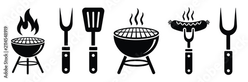 Tableau sur toile BBQ grill icon set, barbecue grill with spatula fork and campfire symbols, clean black and white vector illustration for outdoor cooking, picnic and food design