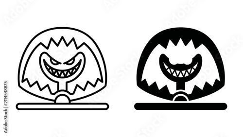 Foto Evil Trap Icon: A stylized, cartoonish evil trap with a menacing grin and sharp teeth, depicted in both outline and solid black versions, representing danger and deceit