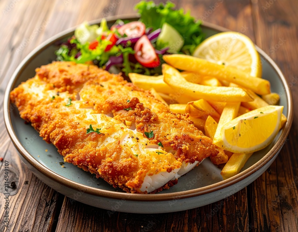 Fototapeta premium Fish and Chips mit gemischtem Salat