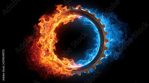 Gear engulfed in contrasting fire and ice flames against a dark background