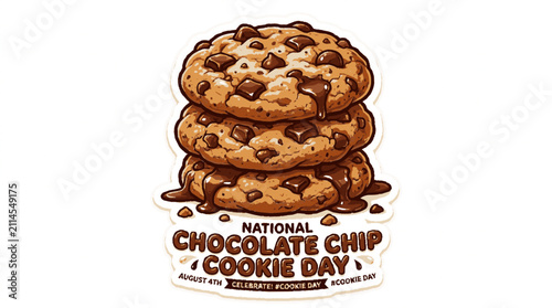 Stacked chocolate chip cookie illustration for national cookie day celebration sticker graphic design element with melting chocolate drips