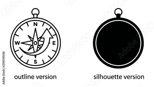 Obraz na płótnie Compass Designs: A comparison of two compass designs, one an outline with navigational markings and the other a solid silhouette, representing direction and exploration