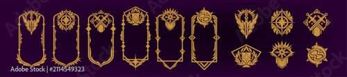 Fantasy game frame set, vector mystic medieval RPG border ranking achievement gothic panel concept. Dark magic ornamental menu screen award logo badge gaming print. Hand drawn stream game banner frame