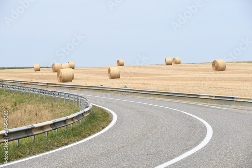 viele Rundballen Stroh nach Getreideernte verteilt auf dem Acker hinter Kurve von Landstraße 