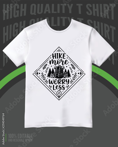 Hiking adventures typography design on a white t shirt with a green and black graphic
