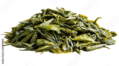 Dried green tea leaves pile, close-up view