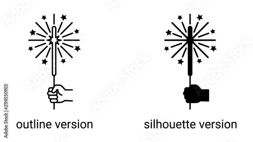 Cuadro en lienzo Sparkler Icons: Two distinct representations of a sparkler held by a hand, one in outline and the other in silhouette, symbolizing celebration and festivity