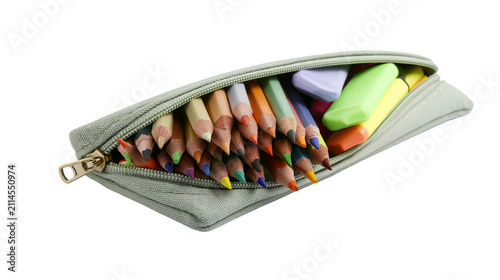 Foto Canvas pencil case filled with colored pencils and highlighters