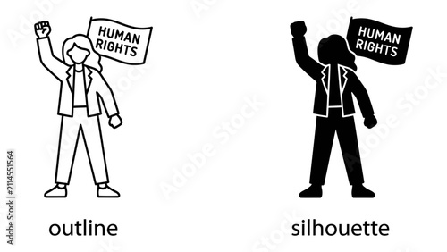 Human Rights Advocate: An individual, represented in both outline and silhouette, raises a fist and a banner proclaiming Human Rights, symbolizing solidarity and the fight for universal justice.